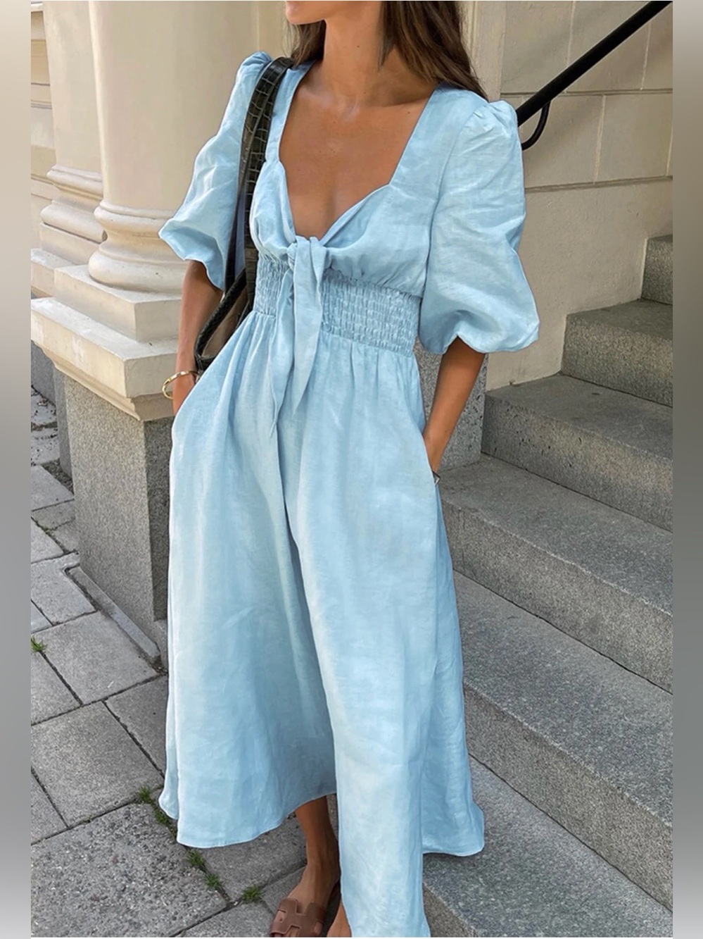 Commense Linen Cotton Front Tie Midi Dress